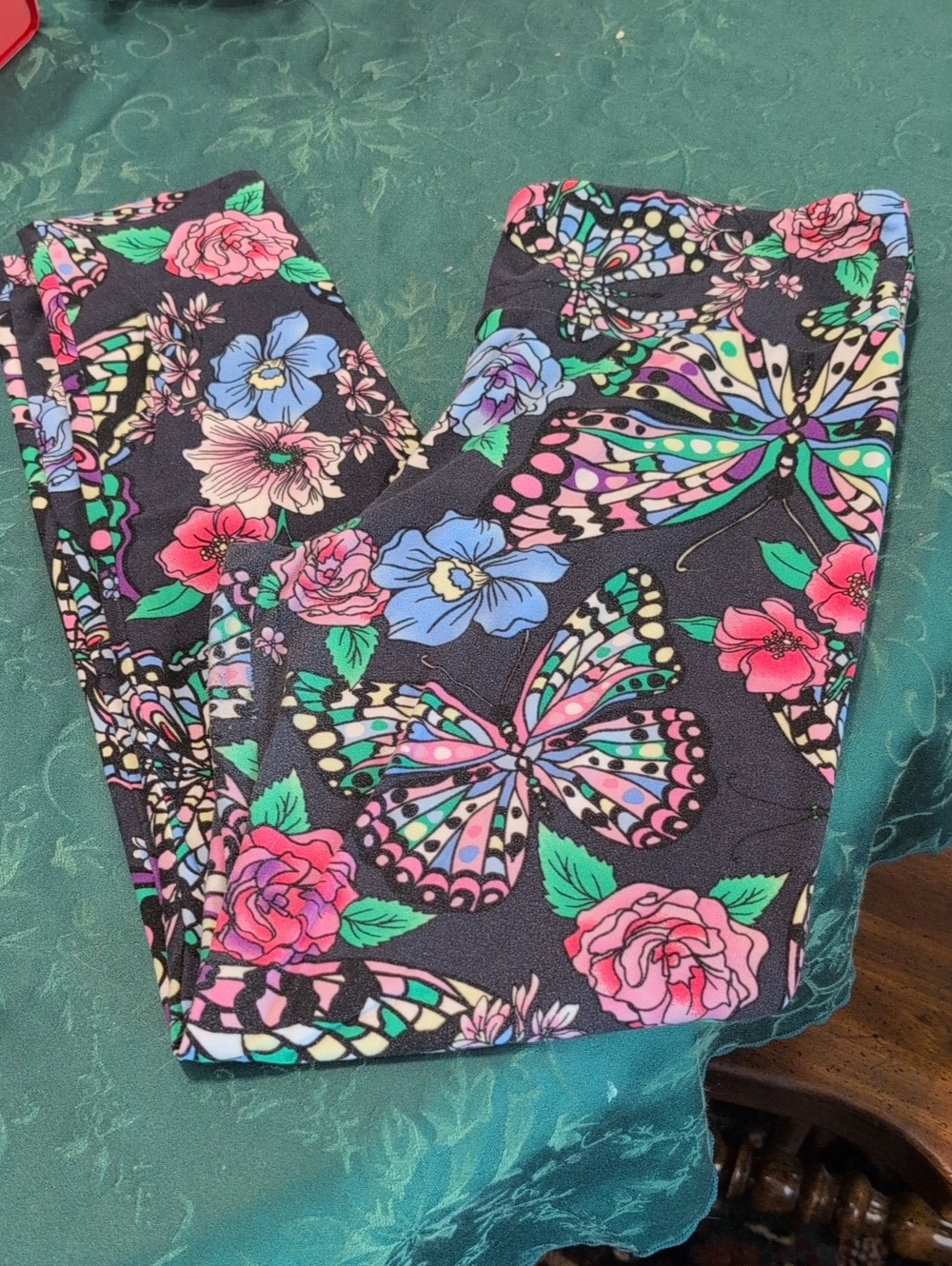 No Boundaries Black Floral & Butterfly Leggings with Pink, Blue & Green Accents